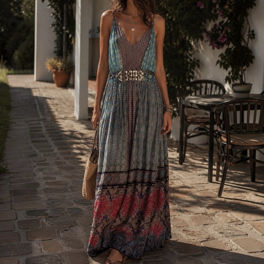 Label Ritu Kumar Embellished Printed Boho Maxi Dress Sz 2 Arjuna‎ 8454 Viscose
